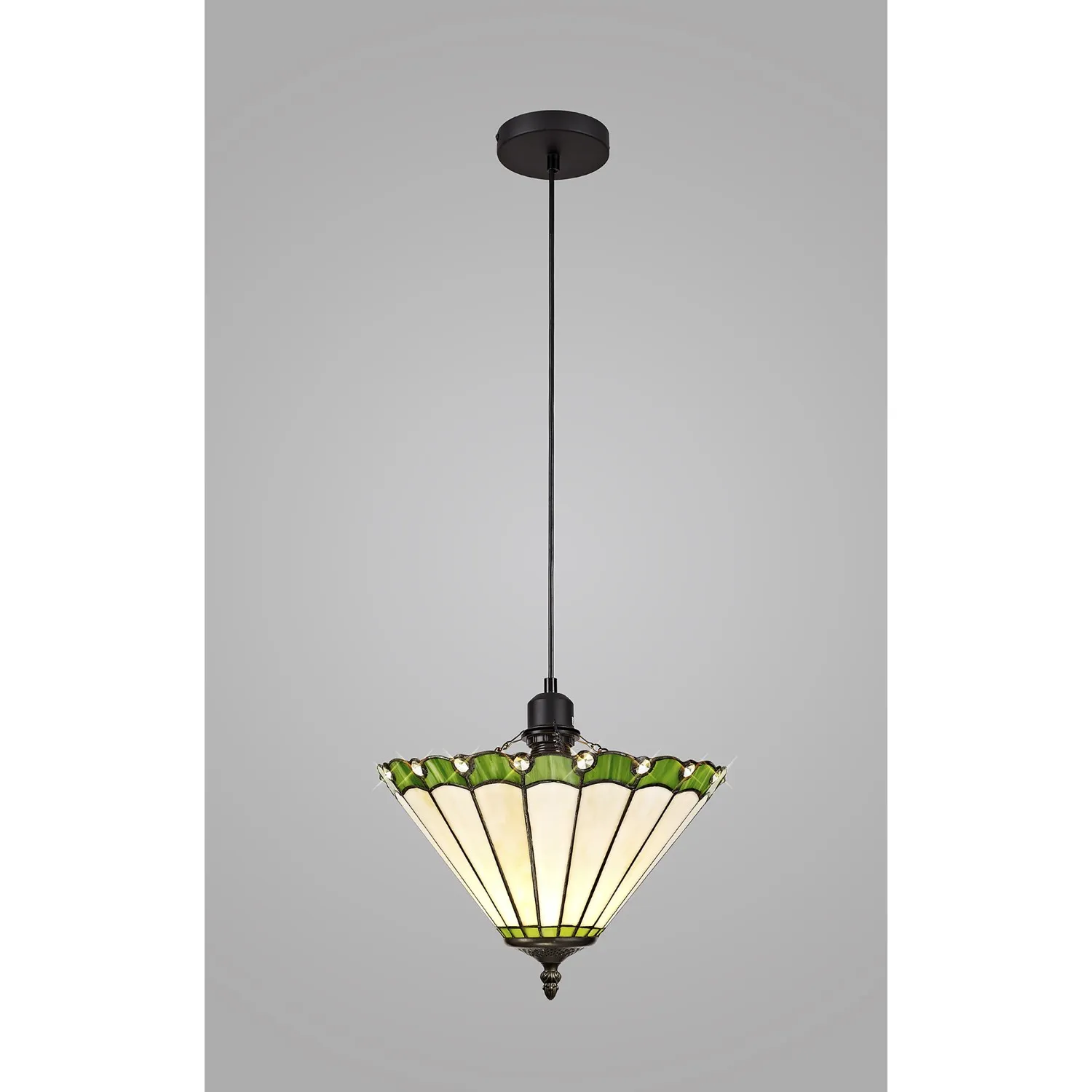 Ware 1 Light Uplighter Pendant E27 With 30cm Tiffany Shade, Green Cream Crystal Black