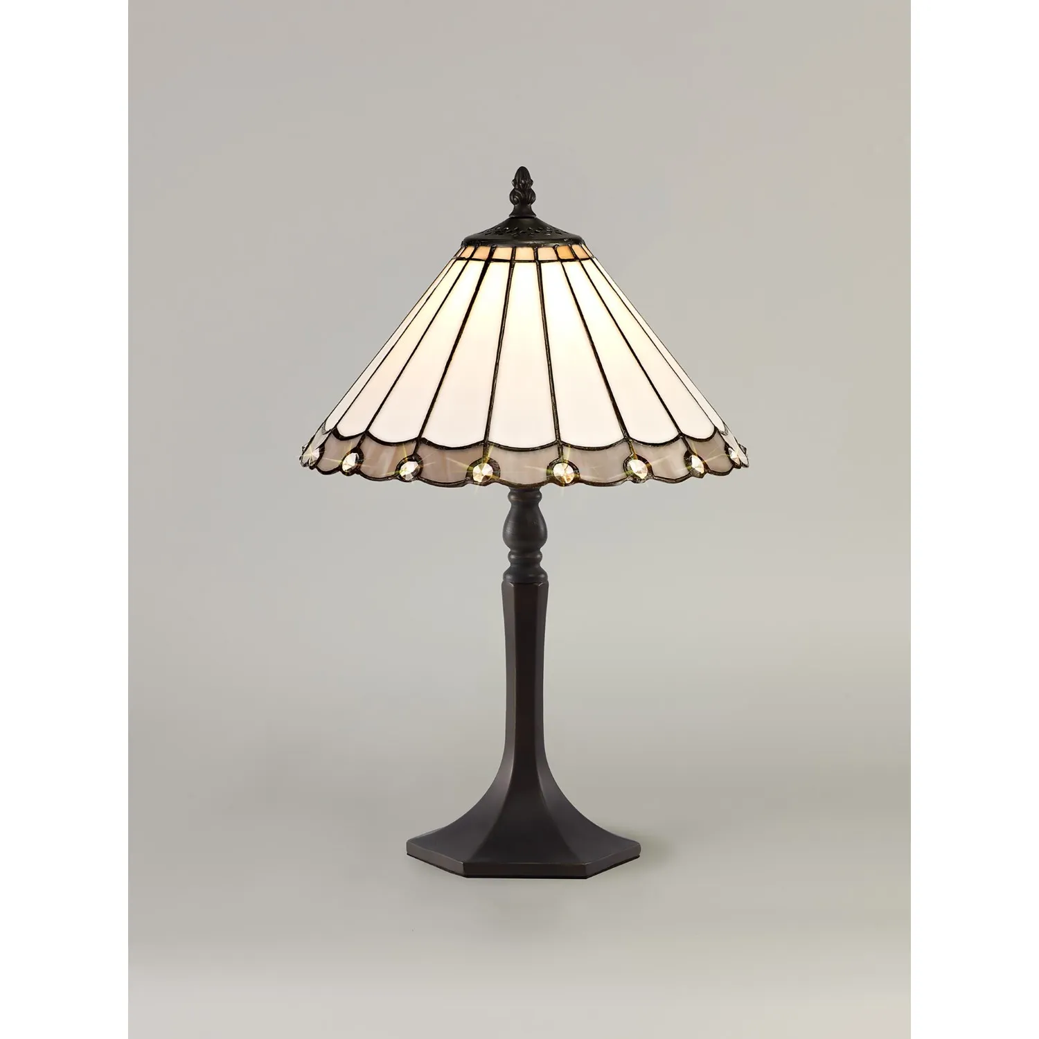 Ware 1 Light Octagonal Table Lamp E27 With 30cm Tiffany Shade, Grey Cream Crystal Aged Antique Brass