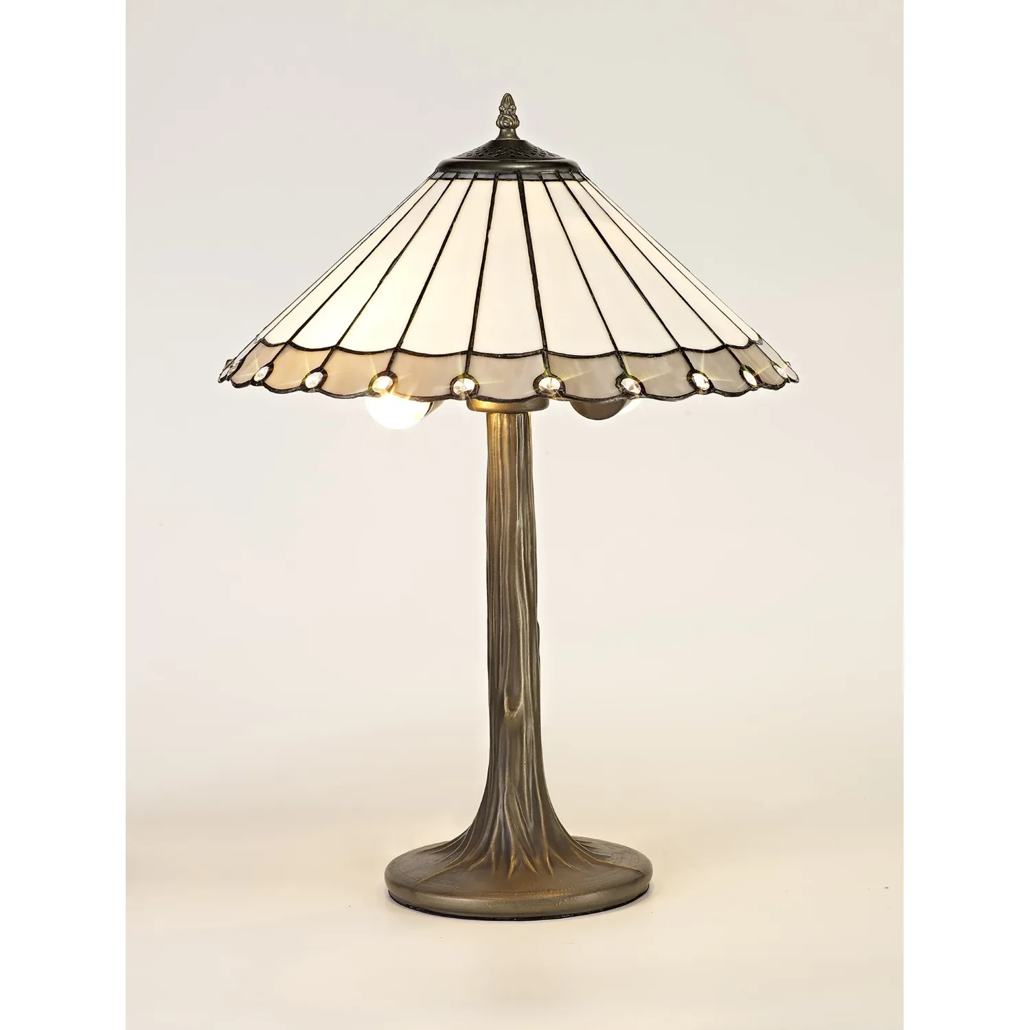 Ware 2 Light Tree Like Table Lamp E27 With 40cm Tiffany Shade, Grey Cream Crystal Aged Antique Brass