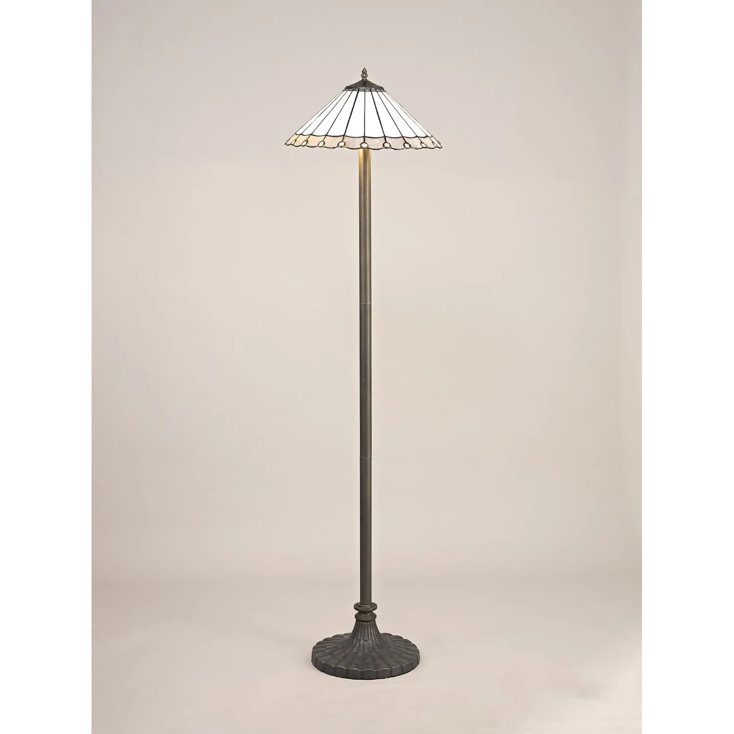 Ware 2 Light Stepped Design Floor Lamp E27 With 40cm Tiffany Shade, Grey Cream Crystal Aged Antique Brass