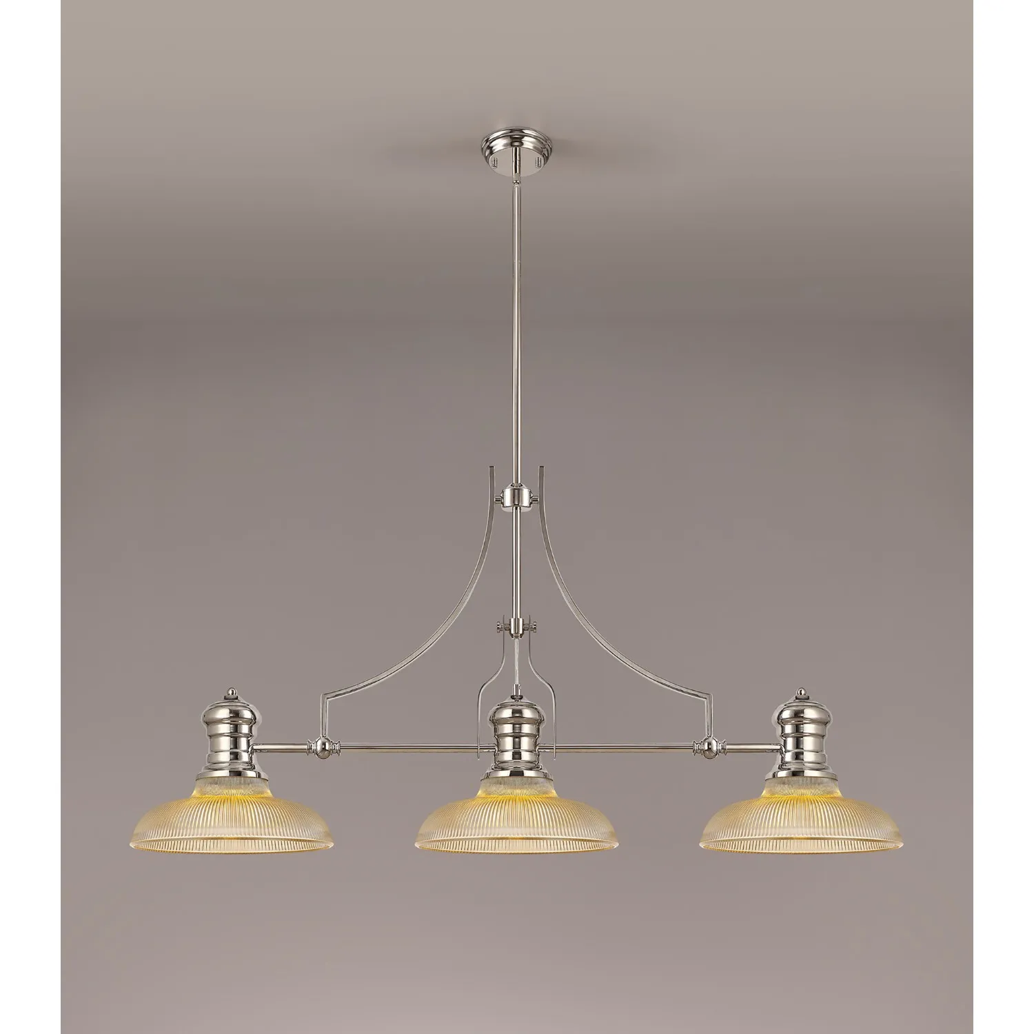 Sandy 3 Light Linear Pendant E27 With 30cm Round Glass Shade, Polished Nickel, Amber