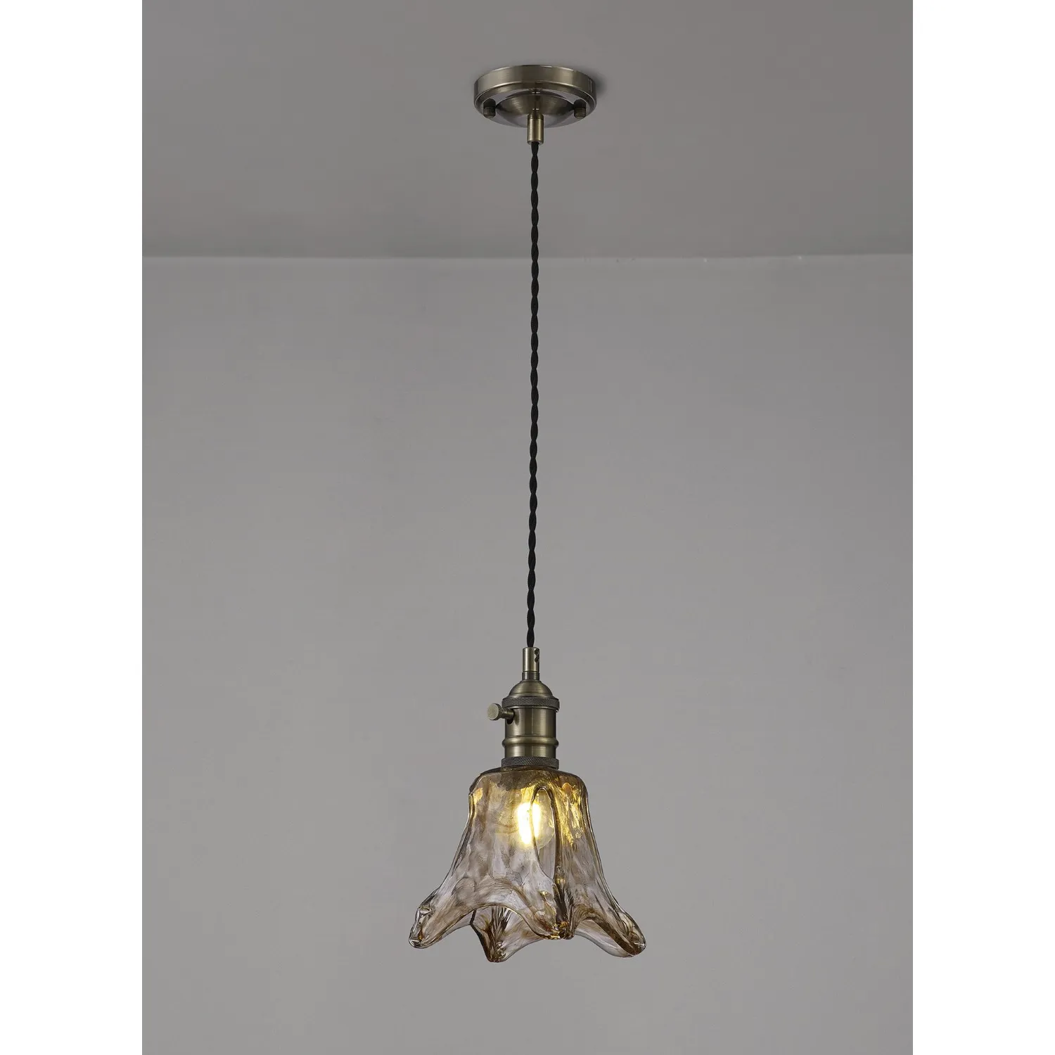 Hatfield Switched Pendant 1.5m, 1 x E27, Antique Brass Black Twisted Cable Brown Flower Glass
