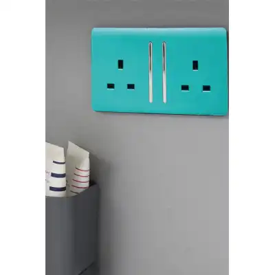 Trendi, Artistic Modern 2 Gang 13Amp Long Switched Double Socket Bright Teal Finish, BRITISH MADE, (25mm Back Box Required), 5yrs Warranty