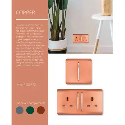 Trendi, Artistic Modern 2 Gang 13Amp Switched Double Socket With 4X 2.1Mah USB Copper Finish, BRITISH MADE, (45mm Back Box Required), 5yrs Warranty