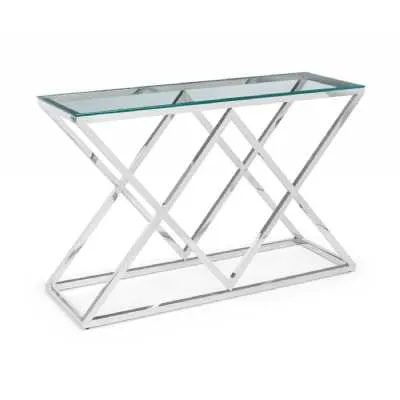 Chrome Metal Cross X Framed Modern Console Hallway Table with Glass Top