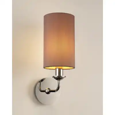 Banyan 1 Light Switched Wall Lamp, E14 Polished Chrome c w 120mm Dual Faux Silk Shade, Taupe Halo Gold