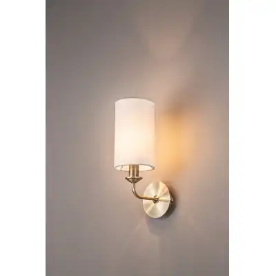 Banyan 1 Light Switched Wall Lamp, E14 Antique Brass c w 120mm Faux Silk Shade, White