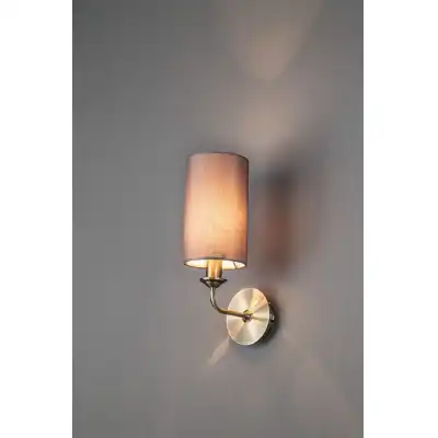 Banyan 1 Light Switched Wall Lamp, E14 Antique Brass c w 120mm Faux Silk Shade, Grey