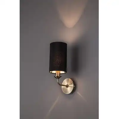 Banyan 1 Light Switched Wall Lamp, E14 Antique Brass c w 120mm Faux Silk Shade, Black