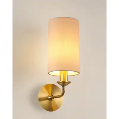 Banyan 1 Light Switched Wall Lamp, E14 Antique Brass c w 120mm Dual Faux Silk Shade, Nude Beige Moonlight
