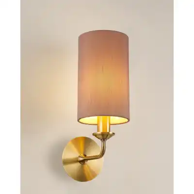 Banyan 1 Light Switched Wall Lamp, E14 Antique Brass c w 120mm Dual Faux Silk Shade, Taupe Halo Gold