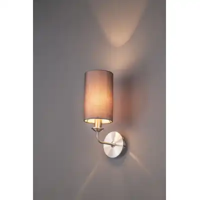 Banyan 1 Light Switched Wall Lamp, E14 Satin Nickel c w 120mm Faux Silk Shade, Grey