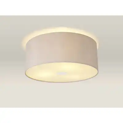 Baymont Polished Chrome 3 Light E27 Drop Flush Ceiling c w 500 Dual Faux Silk Fabric Shade Nude Beige Moonlight And 500mm Frosted PC Acrylic Diffuser