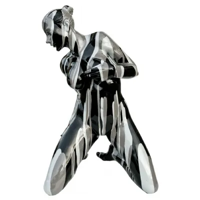 Drip Painted Black and Grey Resin Kneeling Yoga Lady Sculpture