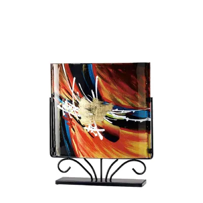 (DH) Nexus Glass Art Vase Square With Stand Black Orange Multi Colour