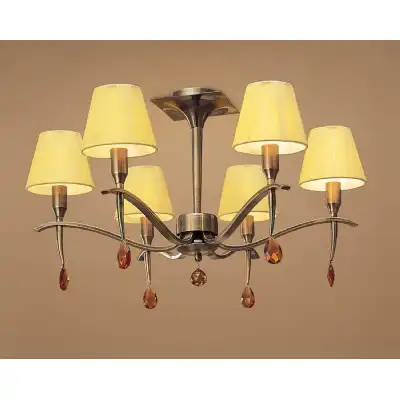 Siena Semi Flush Round 6 Light E14, Antique Brass With Amber Cream Shades And Amber Crystal