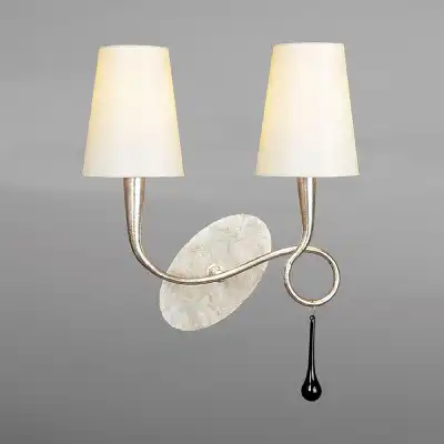 Paola Wall Lamp 2 Light E14, Silver Painted With Cream Shades And Black Glass Droplets