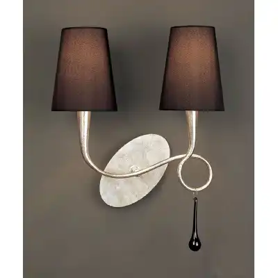 Paola Wall Lamp 2 Light E14, Silver Painted With Black Shades And Black Glass Droplets