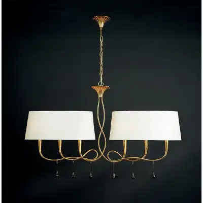 Paola Linear Pendant 2 Arm 6 Light E14, Gold Painted With Cream Shades And Amber Glass Droplets