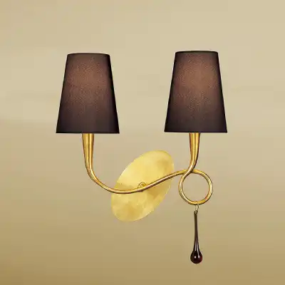 Paola Wall Lamp 2 Light E14, Gold Painted With Black Shades And Amber Glass Droplets