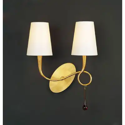 Paola Wall Lamp Switched 2 Light E14, Gold Painted With Cream Shades And Amber Glass Droplets