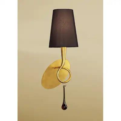 Paola Wall Lamp 1 Light E14, Gold Painted With Black Shade And Amber Glass Droplets