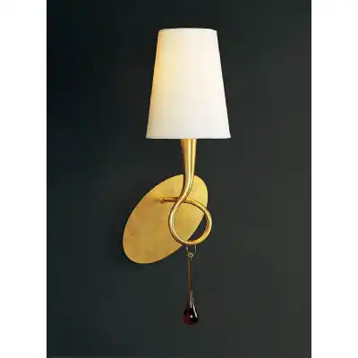 Paola Wall Lamp 1 Light E14, Gold Painted With Cream Shade And Amber Glass Droplets