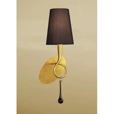 Paola Wall Lamp Switched 1 Light E14, Gold Painted With Black Shade And Amber Glass Droplets