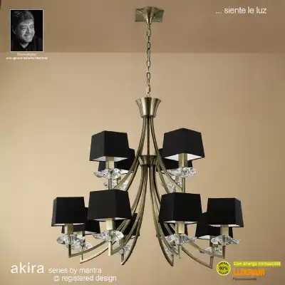 Akira Pendant 2 Tier 12 Light E14, Antique Brass With Black Shades
