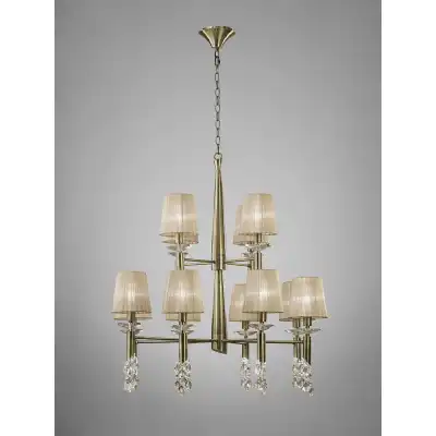 Tiffany Pendant 2 Tier 12+12 Light E14+G9, Antique Brass With Soft Bronze Shades And Clear Crystal