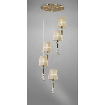 Tiffany Pendant 5+5 Light E27+G9 Spiral, Antique Brass With Soft Bronze Shades And Clear Crystal