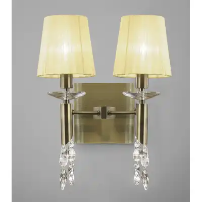 Tiffany Wall Lamp Switched 2+2 Light E14+G9, Antique Brass With Cream Shades And Clear Crystal