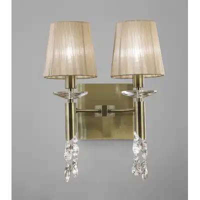 Tiffany Wall Lamp Switched 2+2 Light E14+G9, Antique Brass With Soft Bronze Shades And Clear Crystal