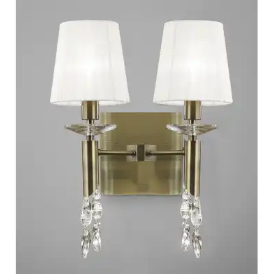 Tiffany Wall Lamp Switched 2+2 Light E14+G9, Antique Brass With White Shades And Clear Crystal