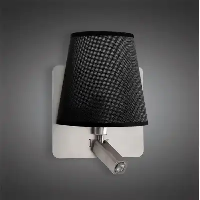 Bahia Wall Lamp With Large Back Plate 1 Light E27 Plus Reading Light 3W LED With Black Shade Satin Nickel 4000K, 200lm, 3yrs Warranty