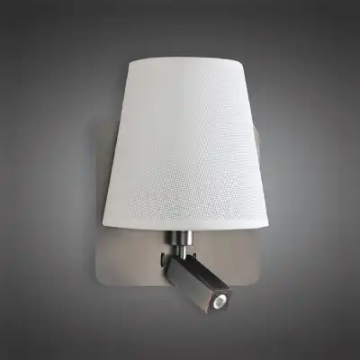 Bahia Wall Lamp With Large Back Plate 1 Light E27 Plus Reading Light 3W LED With White Shade Satin Nickel 4000K, 200lm, 3yrs Warranty