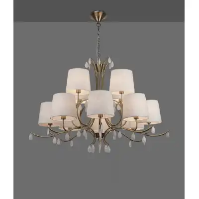 Andrea Pendant 100cm Round, 8+4 x E14 (Max 20W), Antique Brass, White Shades, White Crystal Droplets