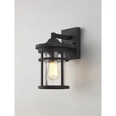 Tate Wall Lamp, 1 x E27, Black Clear Crackled Glass, IP54, 2yrs Warranty