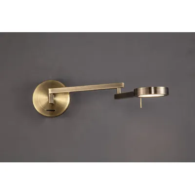 Harrow Switched Adjustable Swing Arm Wall Lamp Reader, 1 x 8W LED, 3000K, Antique Brass, 3yrs Warranty