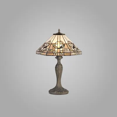 Knebworth 2 Light Curved Table Lamp E27 With 40cm Tiffany Shade, White Grey Black Clear Crystal Aged Antique Brass