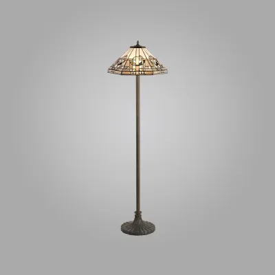 Knebworth 2 Light Stepped Design Floor Lamp E27 With 40cm Tiffany Shade, White Grey Black Clear Crystal Aged Antique Brass