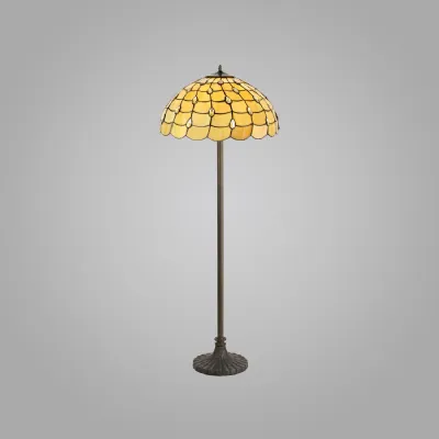 Stratford 2 Light Stepped Design Floor Lamp E27 With 50cm Tiffany Shade, Beige Clear Crystal Aged Antique Brass