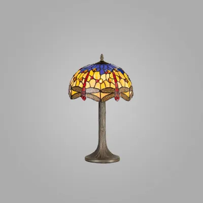 Hitchin 1 Light Tree Like Table Lamp E27 With 30cm Tiffany Shade, Blue Orange Crystal Aged Antique Brass