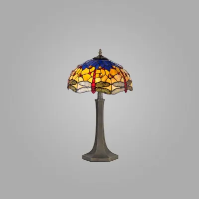 Hitchin 2 Light Octagonal Table Lamp E27 With 40cm Tiffany Shade, Blue Orange Crystal Aged Antique Brass