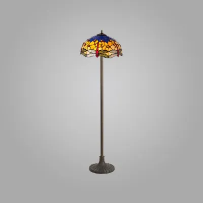 Hitchin 2 Light Stepped Design Floor Lamp E27 With 40cm Tiffany Shade, Blue Orange Crystal Aged Antique Brass