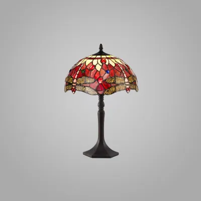 Hitchin 1 Light Octagonal Table Lamp E27 With 30cm Tiffany Shade, Purple Pink Crystal Aged Antique Brass