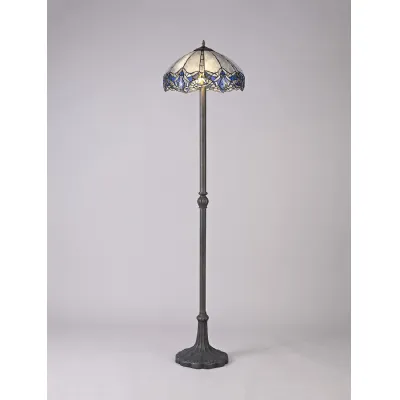 Ardingly 2 Light Leaf Design Floor Lamp E27 With 40cm Tiffany Shade, Blue Clear Crystal Aged Antique Brass