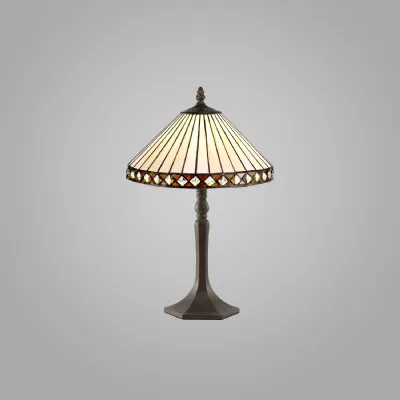 Rayleigh 1 Light Octagonal Table Lamp E27 With 30cm Tiffany Shade, Amber Cream Crystal Aged Antique Brass