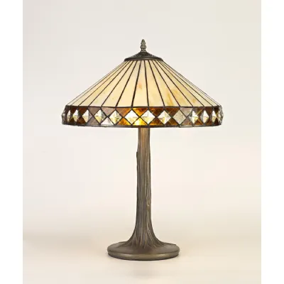 Rayleigh 2 Light Tree Like Table Lamp E27 With 40cm Tiffany Shade, Amber Cream Crystal Aged Antique Brass