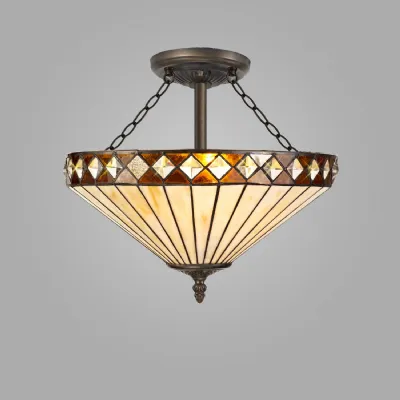 Rayleigh 3 Light Semi Flush E27 With 40cm Tiffany Shade, Amber Cream Crystal Aged Antique Brass